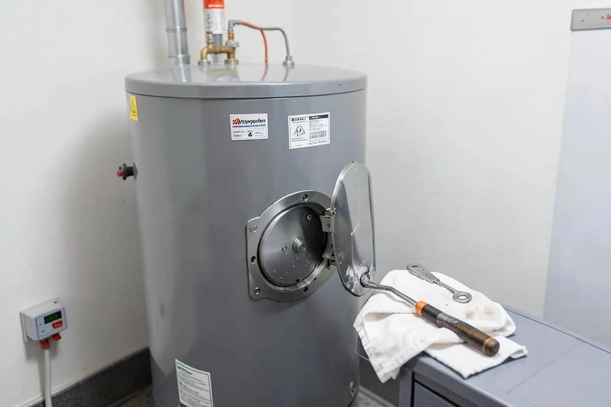 Elektrospeicher mit geöffnetem Prüfflansch bei der Wartung
